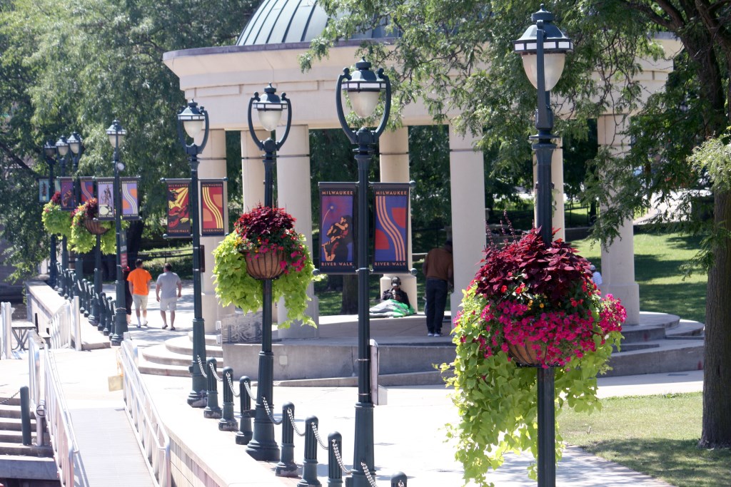 Hanging flower baskets in Pere Marquette Park.
